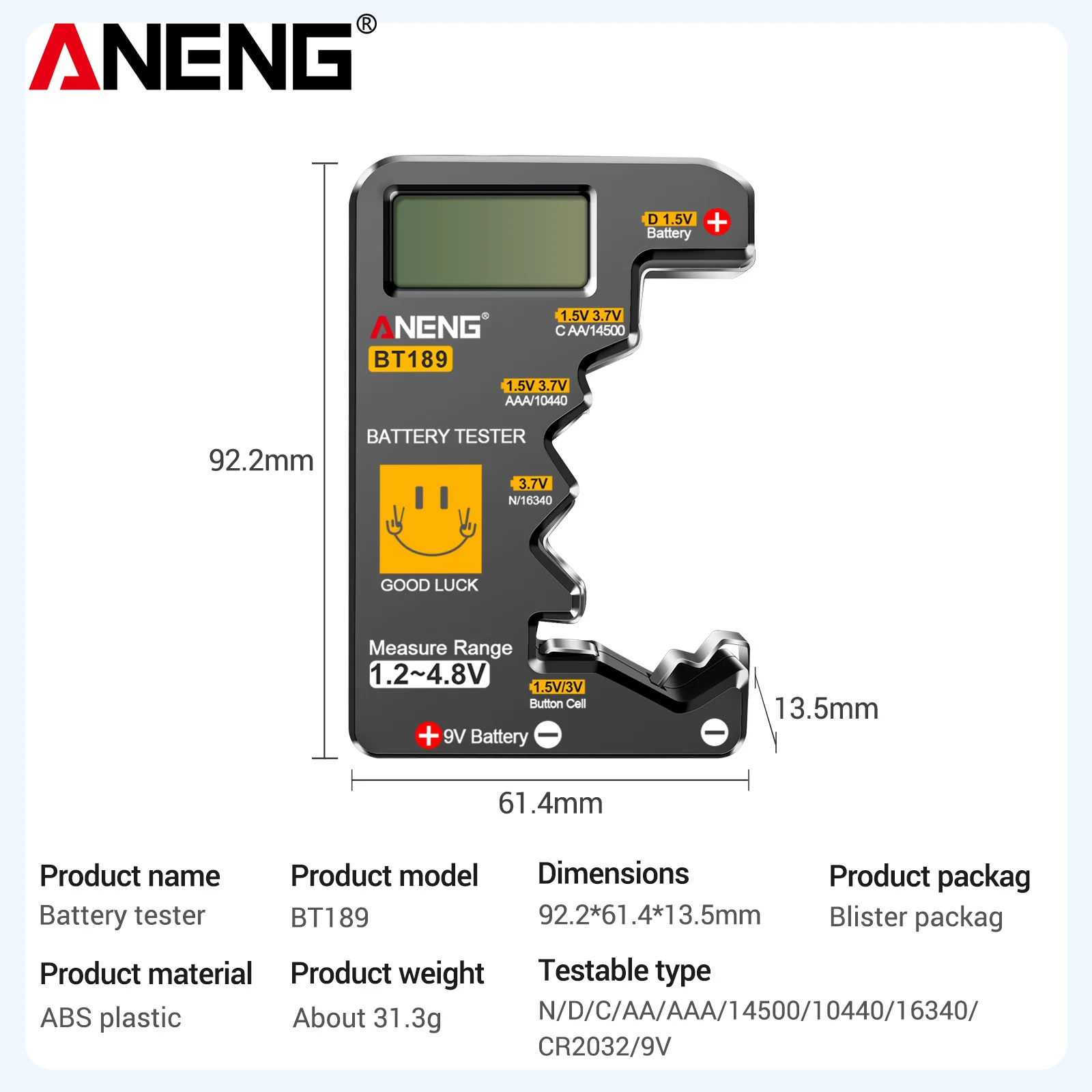 ANENG BT189 Battery Tester Can Measure AA/AAA/C/D/9V/ Button Battery  Household LCD Display Power High Precision Display Tester