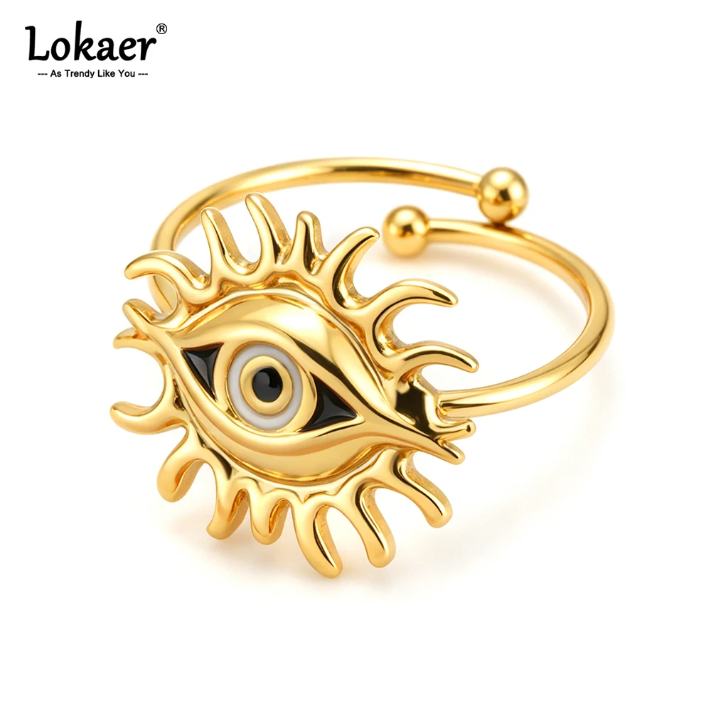 Lokaer Stainless Steel Vintage Enamel Turkey Evil Eye Open Ring Gold Plated Fashion Finger Adjustable Jewelry for Women R26036