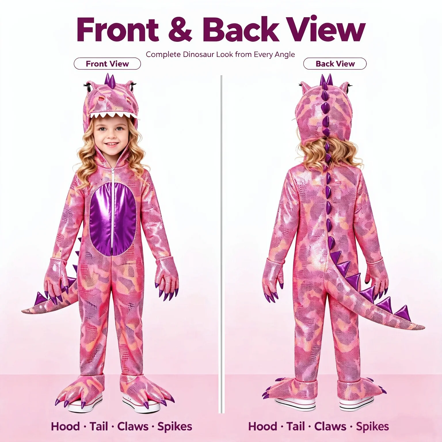 Girls Shiny T-Rex Costume Set, Hooded Dinosaur Cosplay Jumpsuit, Halloween Fancy Dress, Party Stage Show,Birthday Gift