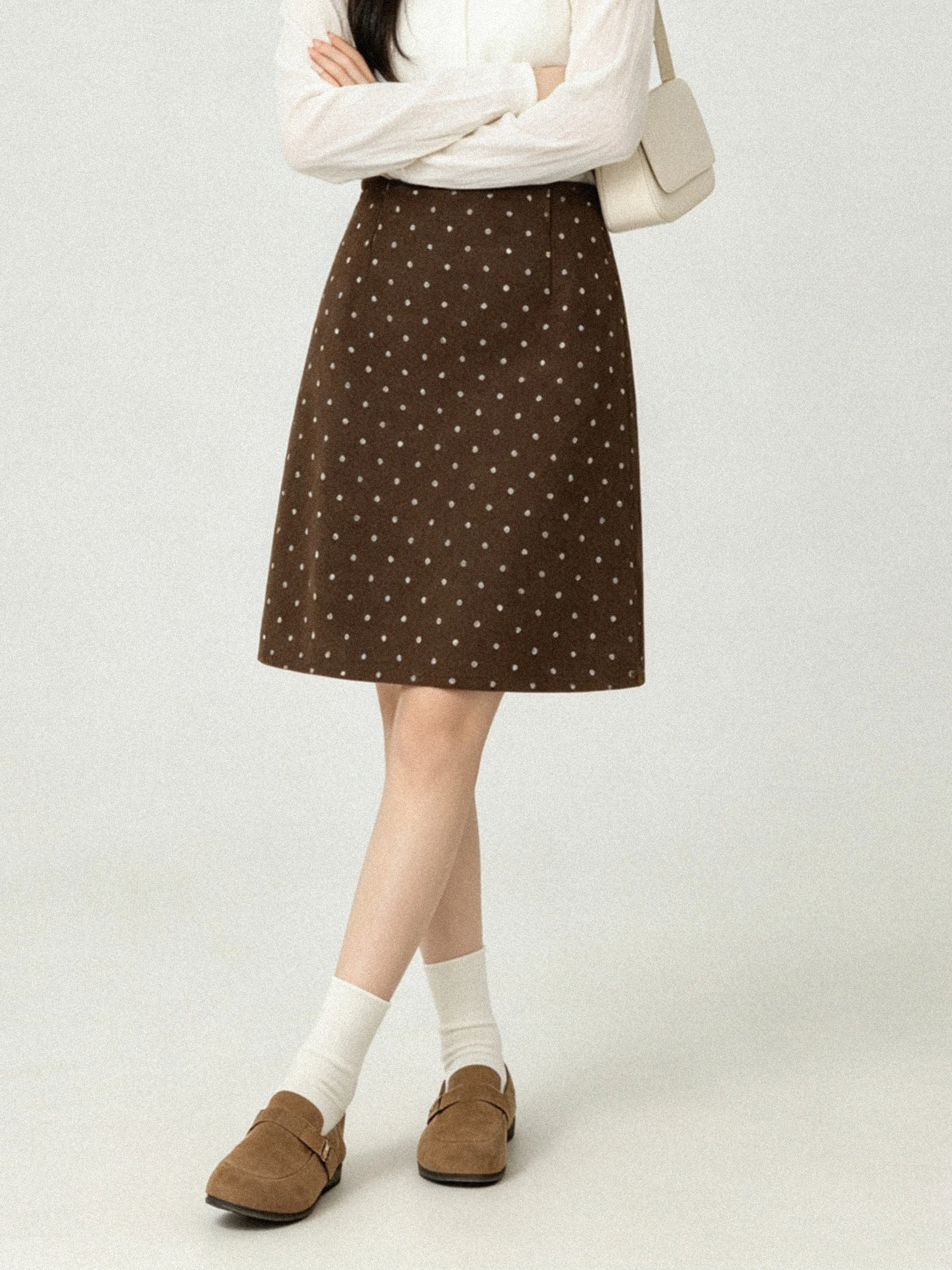 Early Autumn Vintage High Waist Suede Polka Dot Skirt Korean Style Atmosphere Sensation Coffee Color A-Line  Skirt