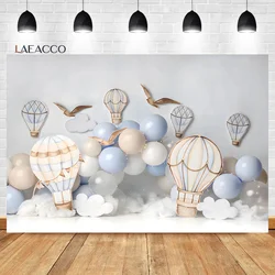 Laeacco Hot Air Balloon Party Scene Backdrop Blue Balloons Cloud Girl Birthday Party Baby Shower Portrait Photography Background