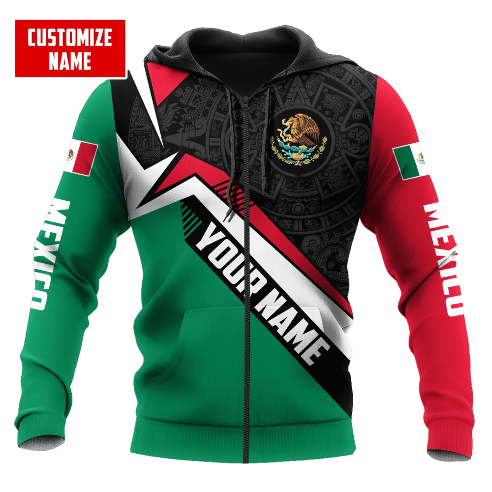 Mexico National Flag Printing Hooded Zip-Up Sweatshirts Fashion 3D Eagle Pattern Hoodies For Men Personalization Name Loose Tops