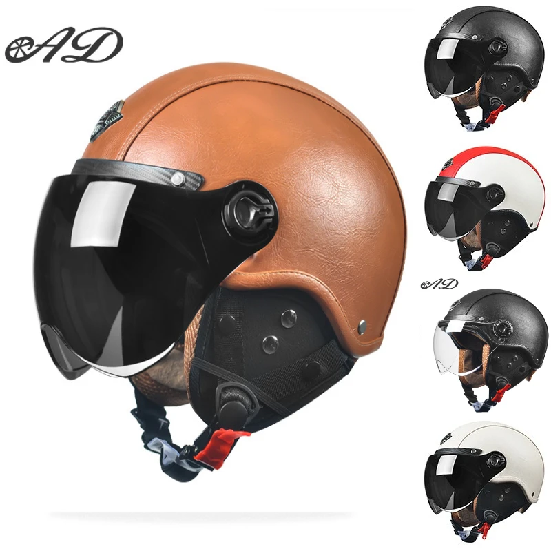 

Retro Motorcycle Helmets with Harley Visor Leather Helmet for Electric Motorbike Vintage Protected Motor Safety Cap Unisex