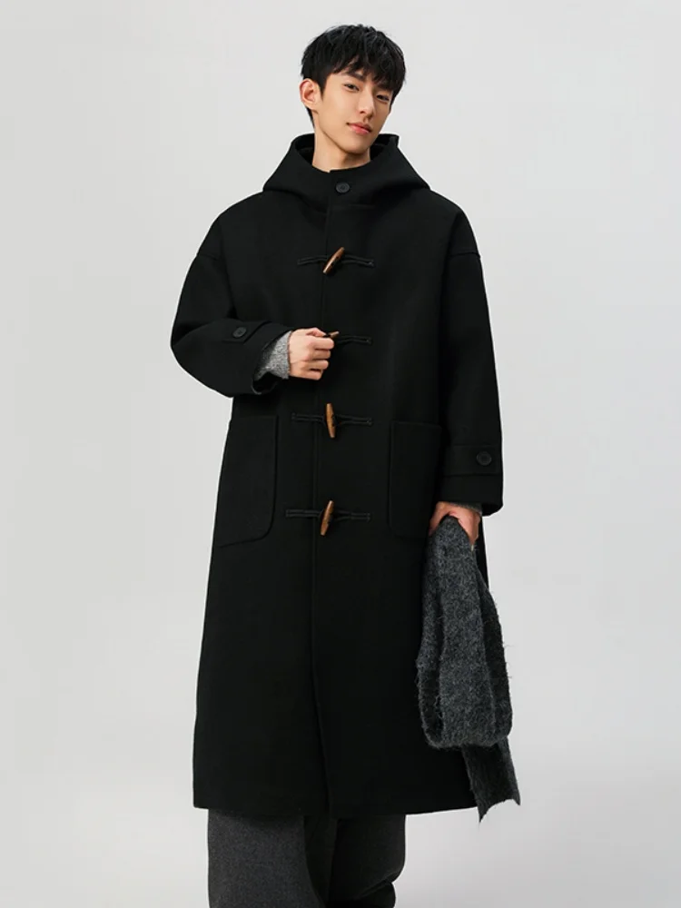 

Мужское длинное шерстяное пальто, утепленное зимнее пальто-жакет на пуговицах из твида, теплая молодежная верхняя одежда в американском стиле с капюшоном