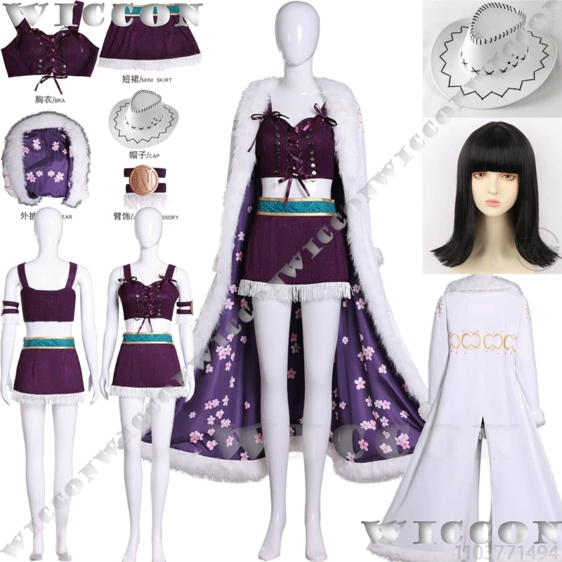 

Nico One Robin Anime Movie Cosplay Costume Full Set Purple Top Skirt White Cape Hat Black Wig Woman Girl Halloween Party Outfit