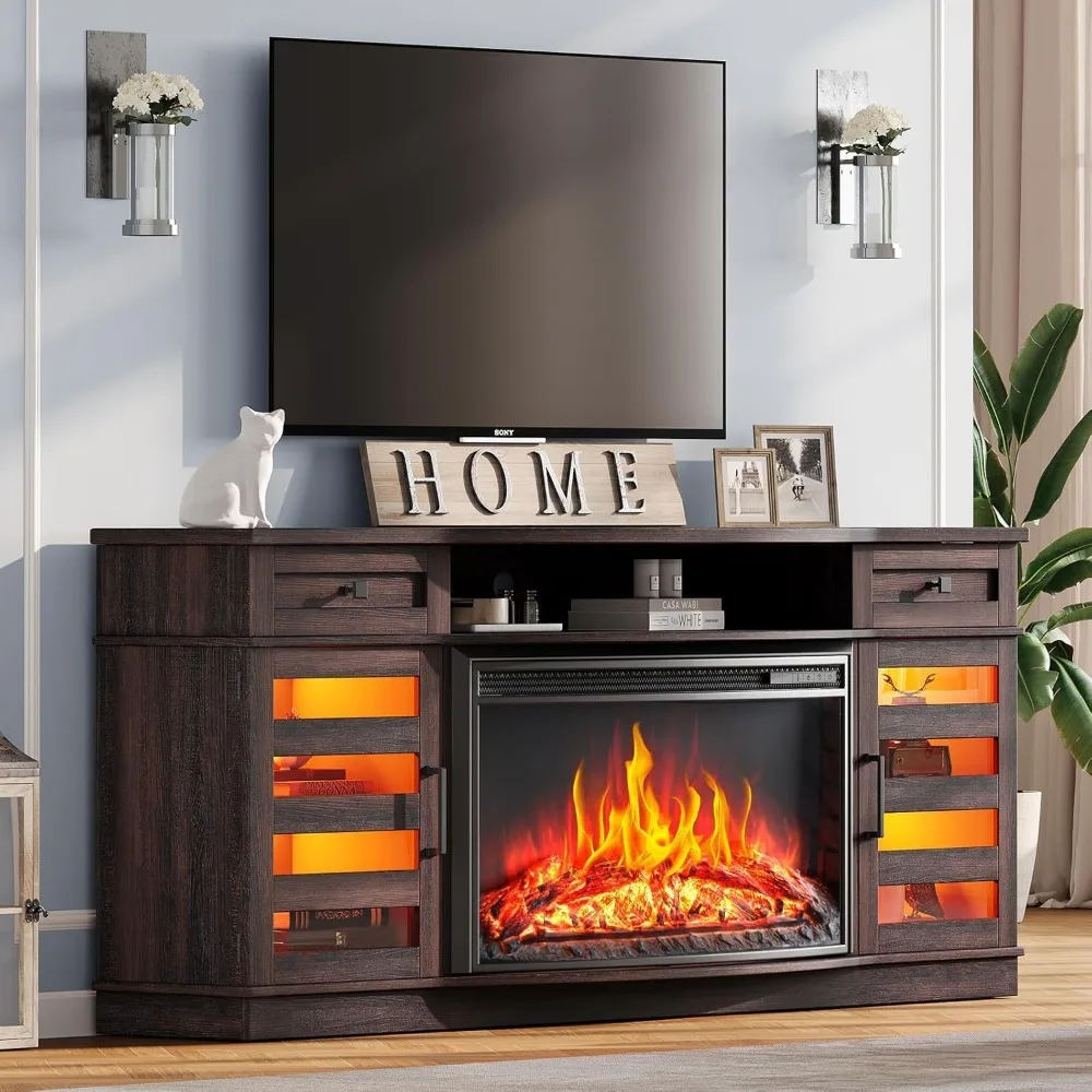 

70 Farmhouse Fireplace TV Stand with 36'' Curved Electric Fireplace, LED Media Console with 2 Drawers & Adjustable Shel
