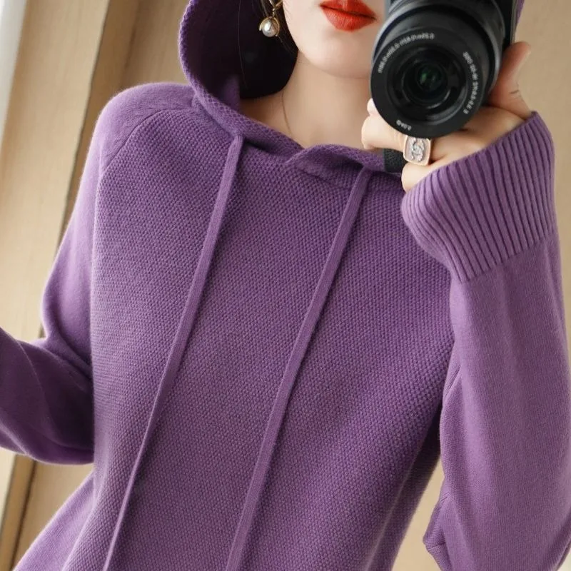 2026 Spring and Autumn Women's New Loose Hooded Jacket Thickened Sweater Casual Thick Cotton Chest Mesh Knitted Sweater pullover