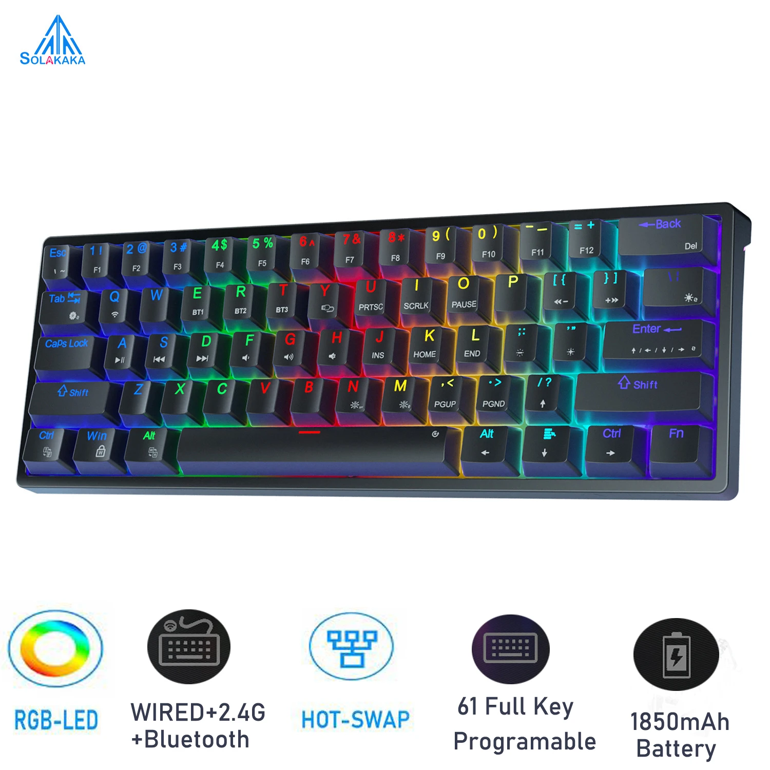 Wireless RGB Mechanical Gaming Keyboard Hot Swappable Three Mode 2.4G Bluetooth Wired Connection Macro Programmable Rechargeable