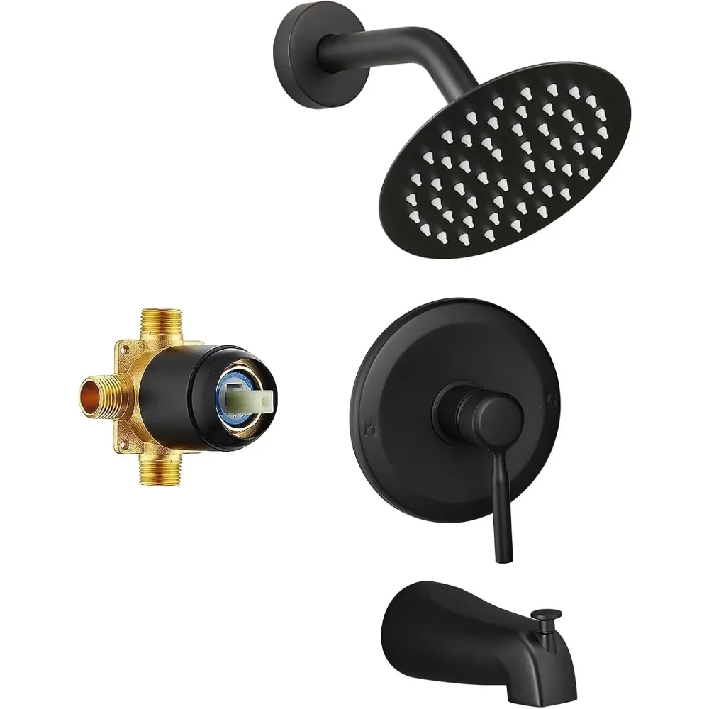 Tub Shower Faucet Set Valve Included with 6-Inch Rain Showers Head and Tub Spout Single-Handle Tub Black Shower Head
