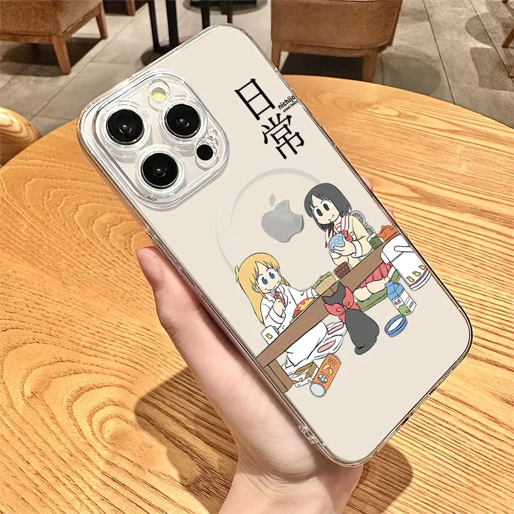 Милый чехол для телефона с изображением аниме N-Nichijou для iPhone Plus 11, 13, 12, 14, 15, 16 Pro Max, прозрачный магнитный беспроводной чехол Magsafe