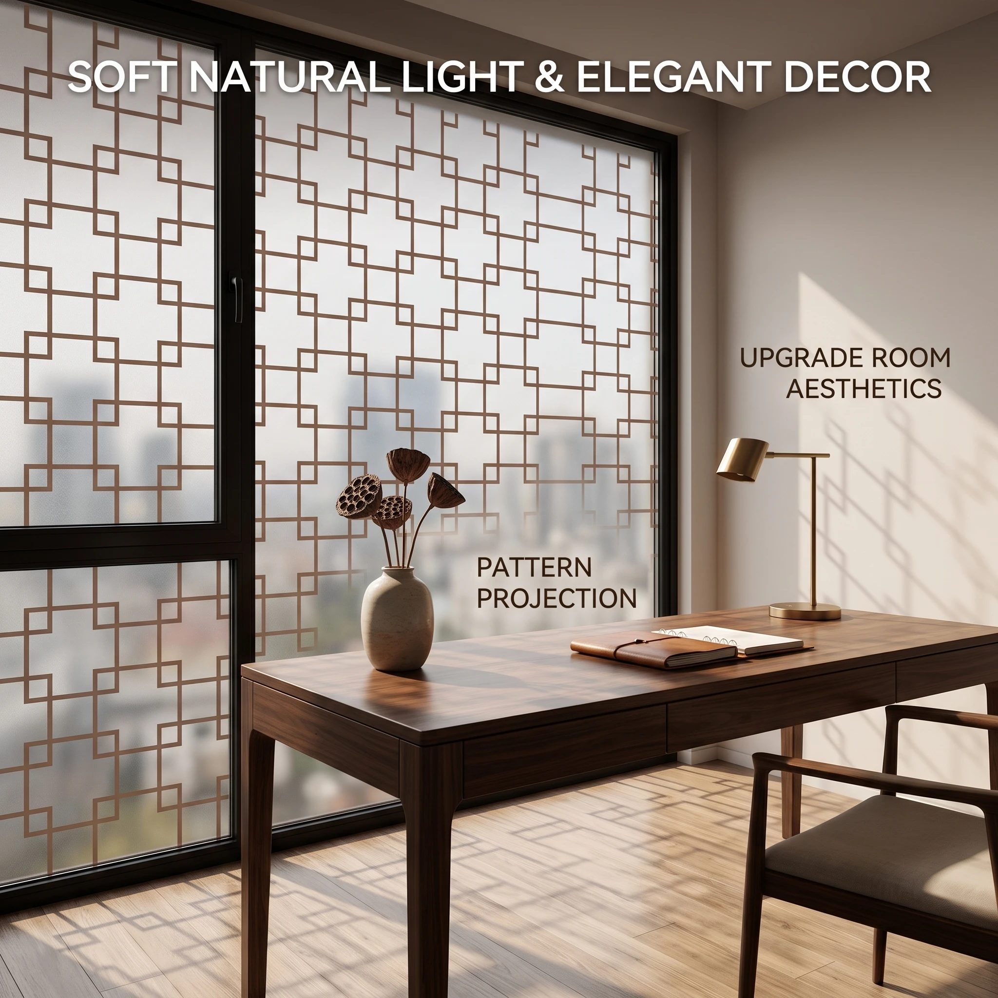 Frosted Privacy Glass Window Film Self-Adhesive UV Blocking Waterproof Decor Tint for Bathroom Chinese Lattice Style