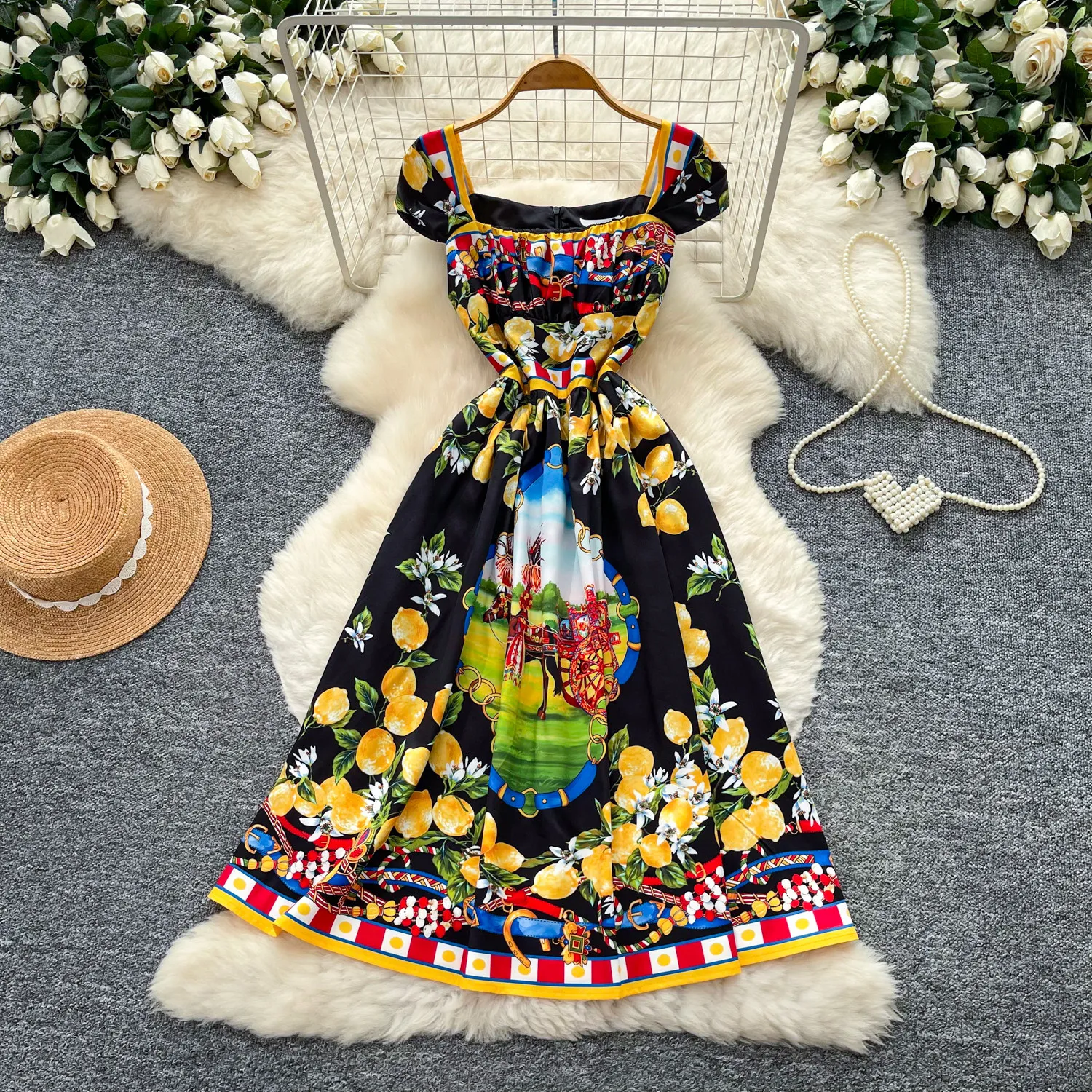 

Women Vintage Lemon Print Square Neck Midi Dress High Waist Ruffle Off Shoulder Summer Beach Holiday Elegant A-Line Dress 2026