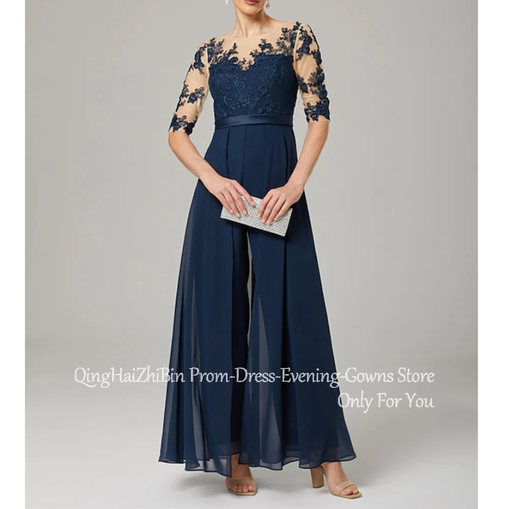 Tailleur pantalone lungo elegante personalizzato Abiti per la madre della sposa Mezza manica in pizzo Lunghezza caviglia Abito da sposo per festa di nozze 2025