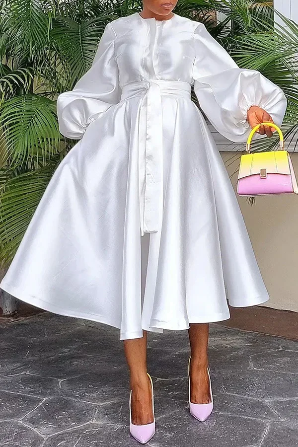

Dress Women Long Dresses A Line Round Neck White Lantern Sleeve Casual High Waist Lace Up Elegant Party Night Maxi Vestidos