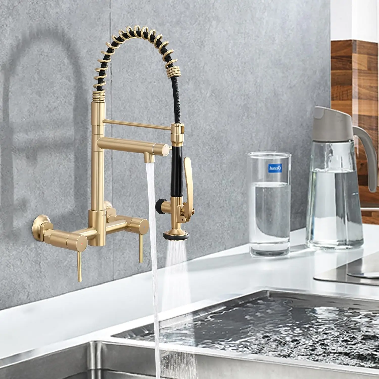 

Wall Mount Kitchen Faucet with Pull Down Sprayer, 8 Inch Center Sink Faucet, Heavy-Duty Commercial Style