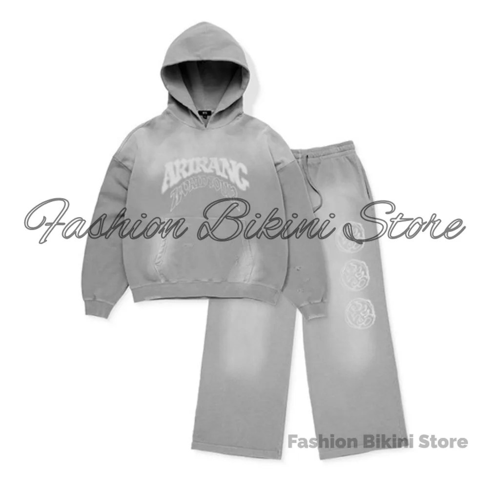 NEW Washed Grey Retro Hoodie 3D Embroidery ARIRANG Number 26 Hooded Jacket V Neck Sweatshirt Casual Streetwear Outerwear view 4