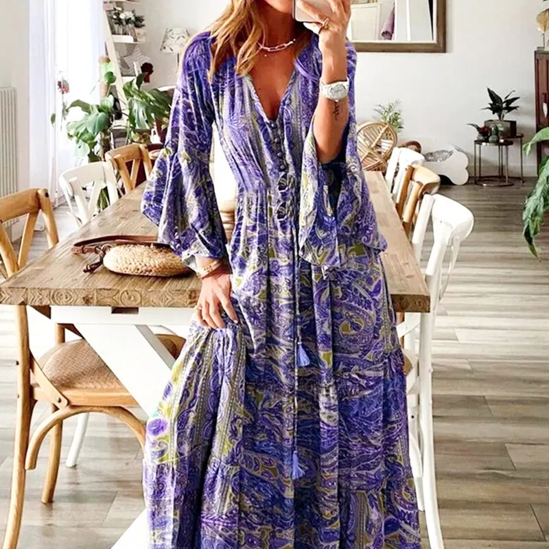 Abito bohémien Fashion Design 2023 estate Casual stampato floreale profondo scollo a V manica a tromba Smocked a vita alta Maxi vestito fluido