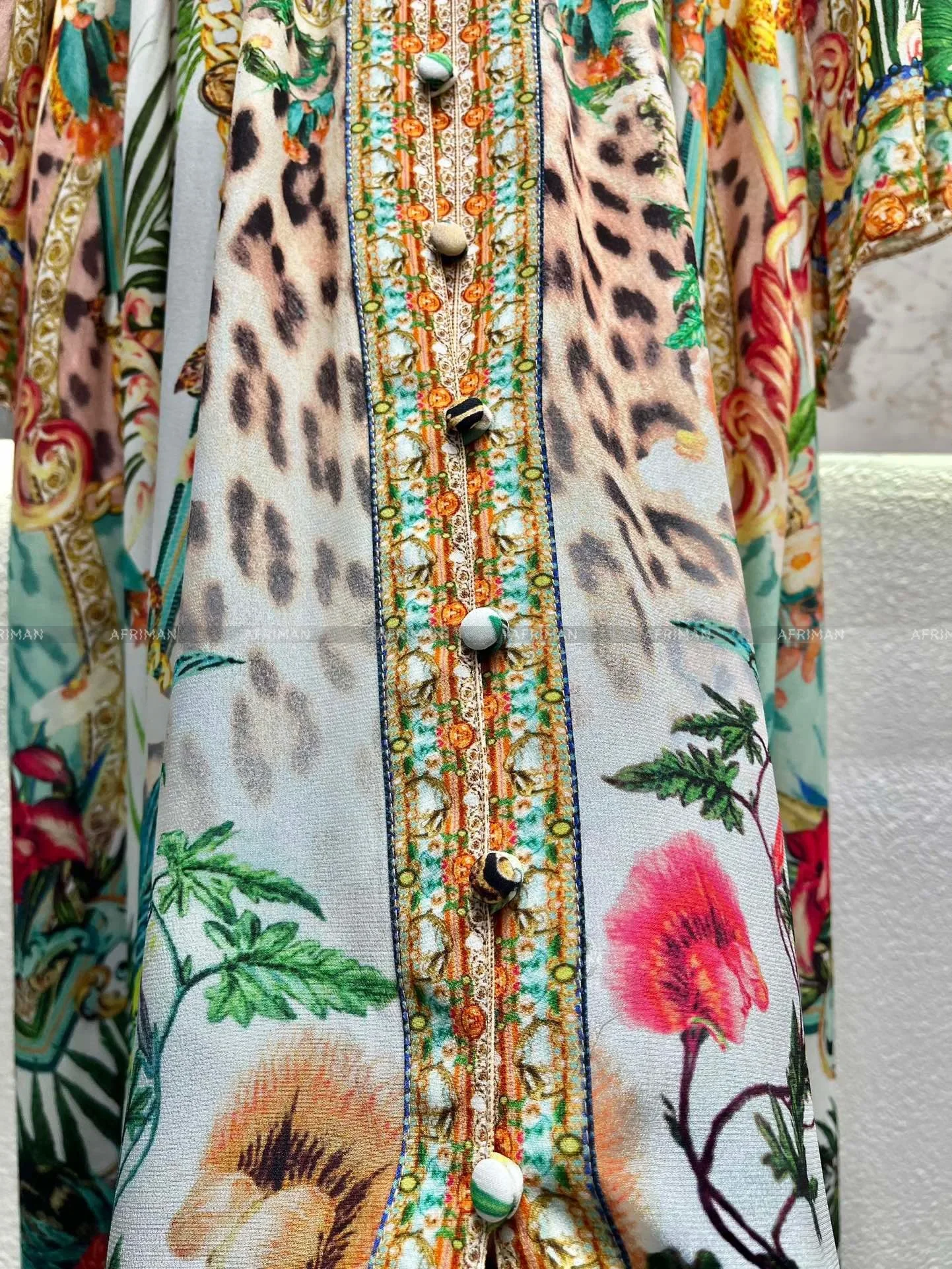 2024 New V Neck Retro Animal and Flower Print Heavy Beaded Flare Sleeve Women 100% Silk Maxi Dress