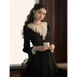 2024 Spring Korean Women Hepburn Style Slim High-end Small Stature,Mid Length Dress Black Long Sleeved A-line Skirt Popular