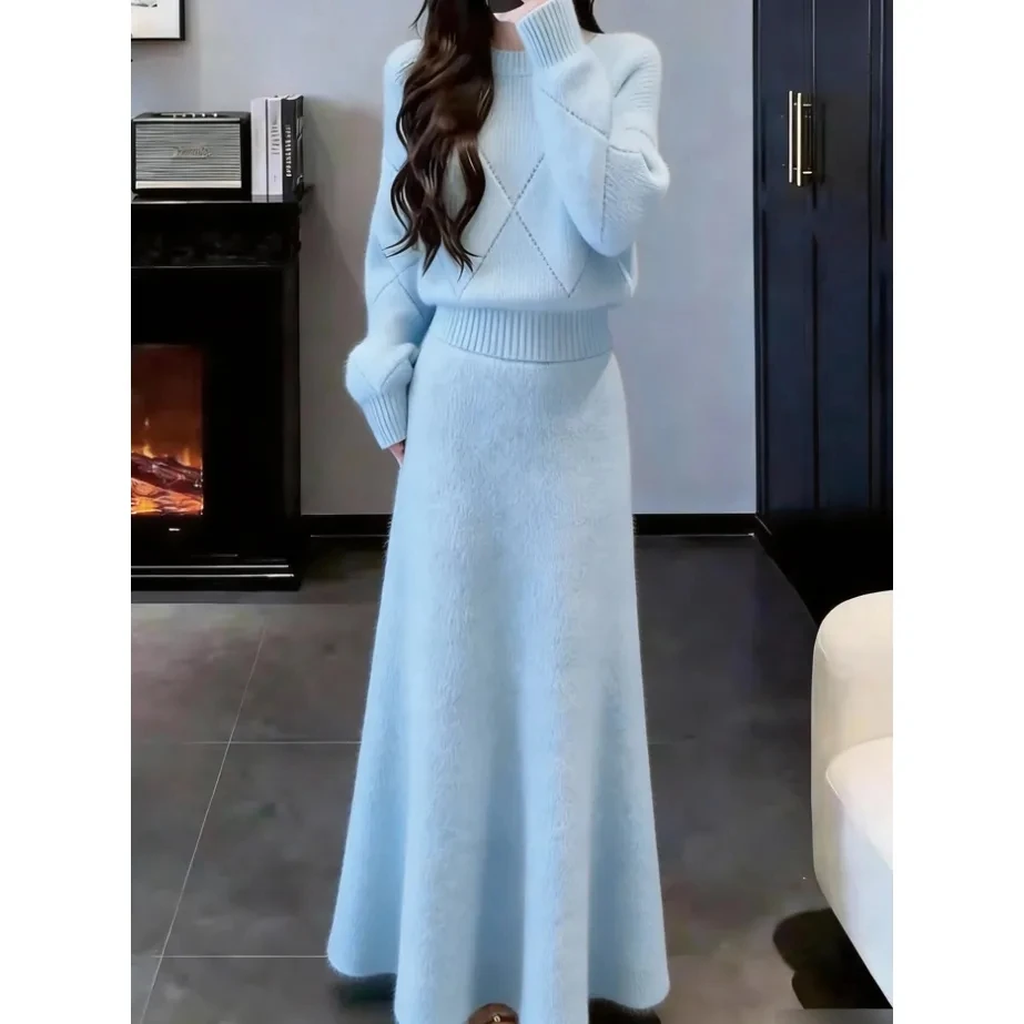Women Knit 2 Piece Outfit Set Neck Diamond Textured Sweater High Waist A Line Maxi Skirt Soft Fuzzy Warm Winter Matching Suit