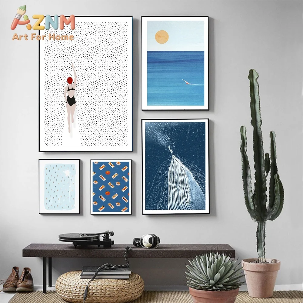 Summer Sea Swim Poster Open-Water Pool Canvas Painting Abstract Diving Whale Art Print Minimalist Wall Picture Living Room Decor