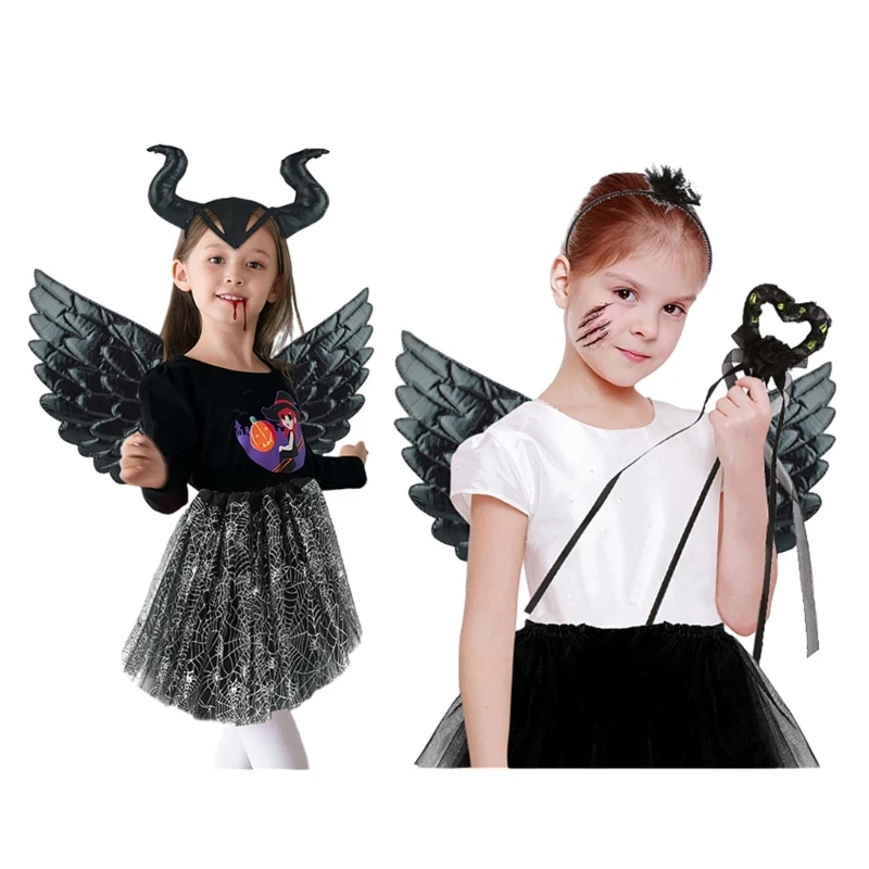 

Halloween Party Cosplays Costume Set for Kid Performances, Halloween Devil Costume Demons Angel Wing Devil Horn Headband N7YF