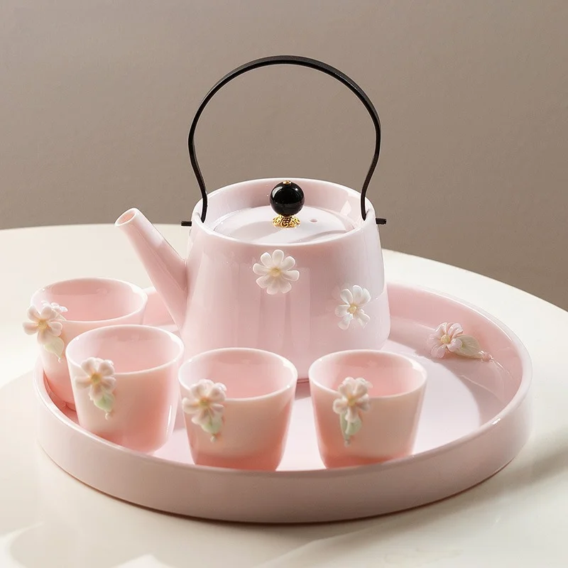 Handcrafted Pink Flower Tea Set High Appearance Lovely Ceramic Teapot and Cup Set Customized Ball Hole Filter Tea Infuser