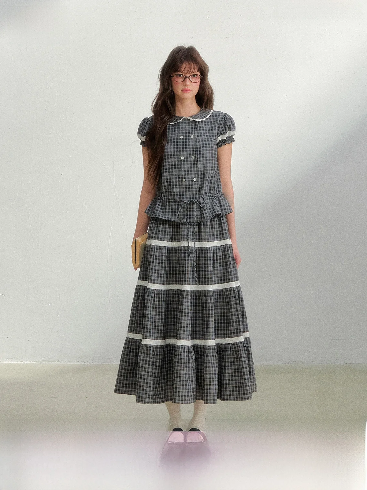 

SunsetPark Vintage Plaid Floral Long Shirt Skirt Set Women's Summer Fashion Two-Piece Outfit Floral Print Half-Length Skirt