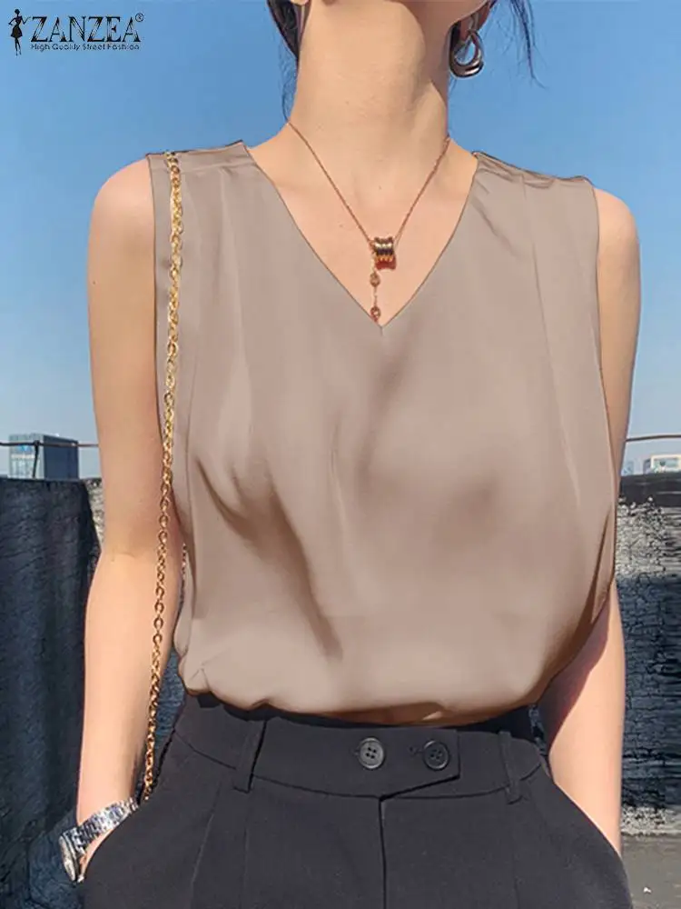 

ZANZEA Women Sleeveless OL Elegant Blouse Party Satin Vest Tops Cami Summer Solid V Neck Work Shirt Female Pleated Tanks Top