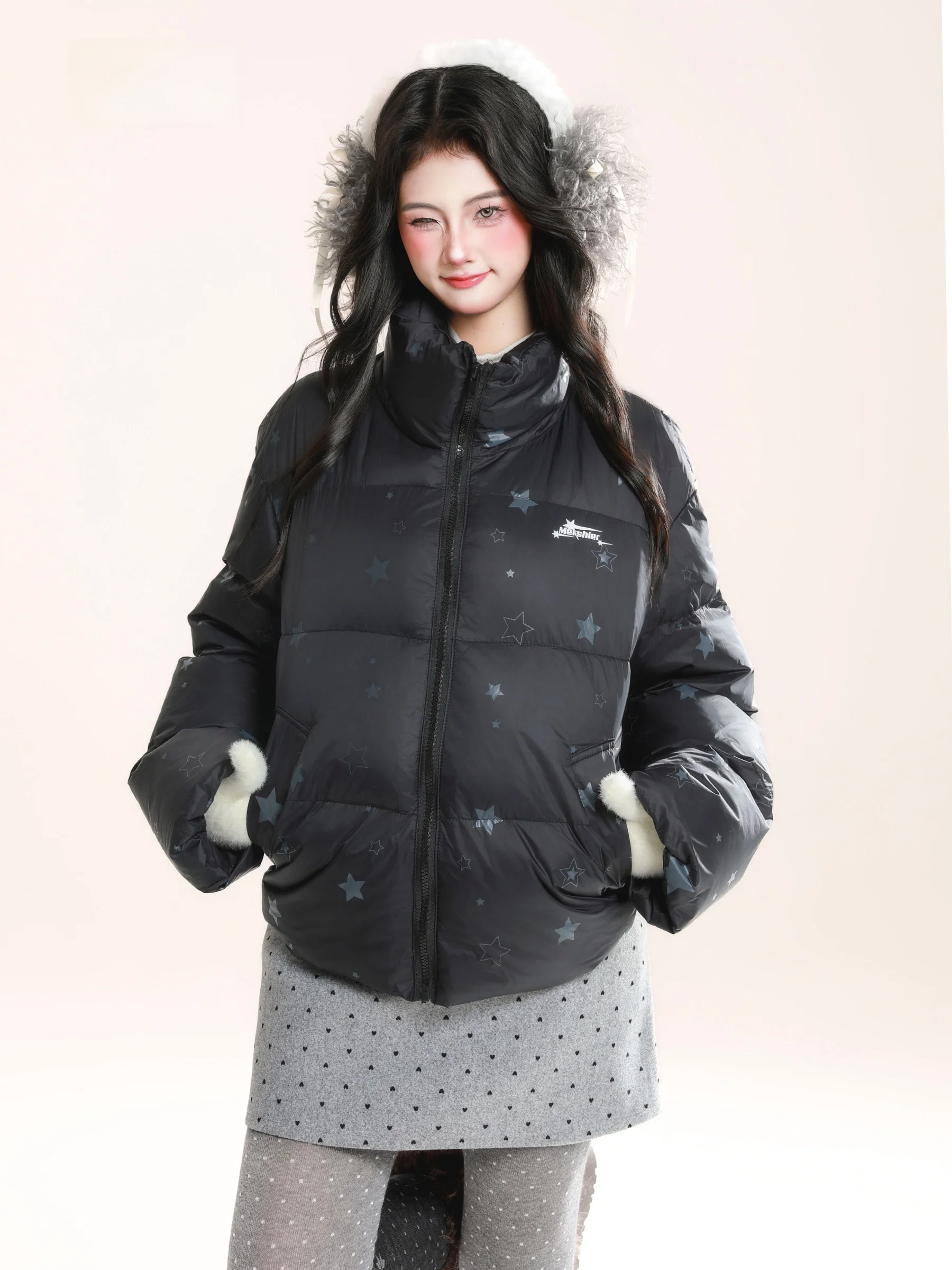 

HM American Sle Thiened, зимняя хлопковая куртка, женская теплая верхняя одежда с воротником-стойкой и звездным принтом, длинная застежка-молния све