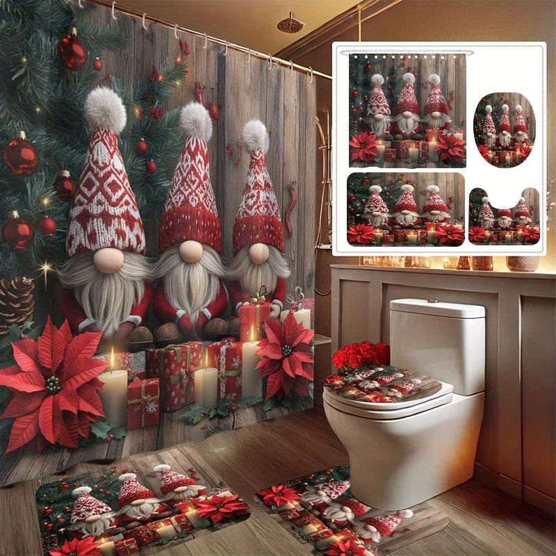

4pcs Christmas Elf Print Shower Curtain Set, includes shower curtain, non-slip mat, toilet lid cover, bath mat, and 12 plastic