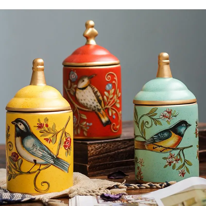 Frascos de almacenamiento con diseño de flores y pájaros con tapas, recipiente de cerámica para té, macetas para dulces, decoración de escritorio, tarro de porcelana, dispensador de cereales