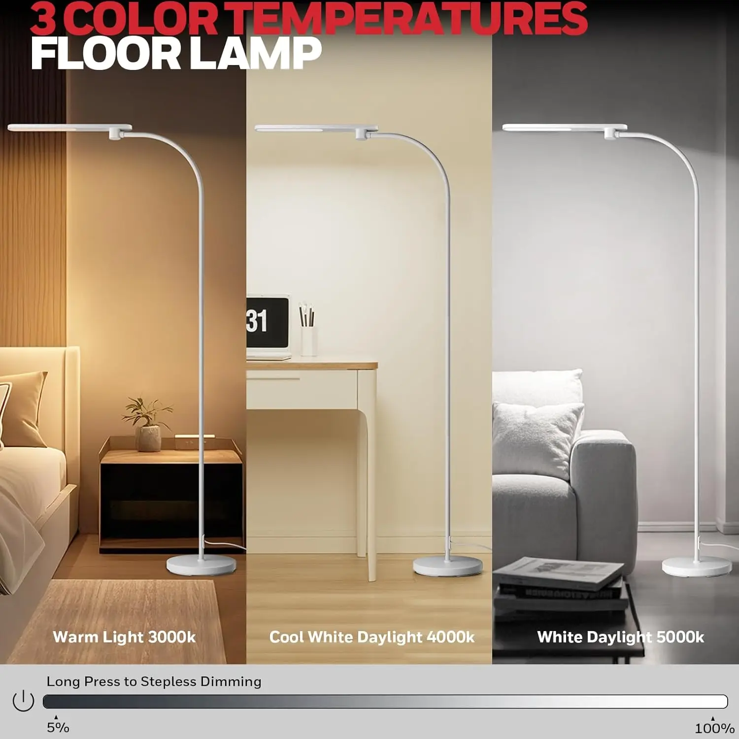 

LED Floor Lamp, F4 Gooseneck Floor Lamps for Living Room, Super Bright Stepless Dimmable Tall Standing Lamp