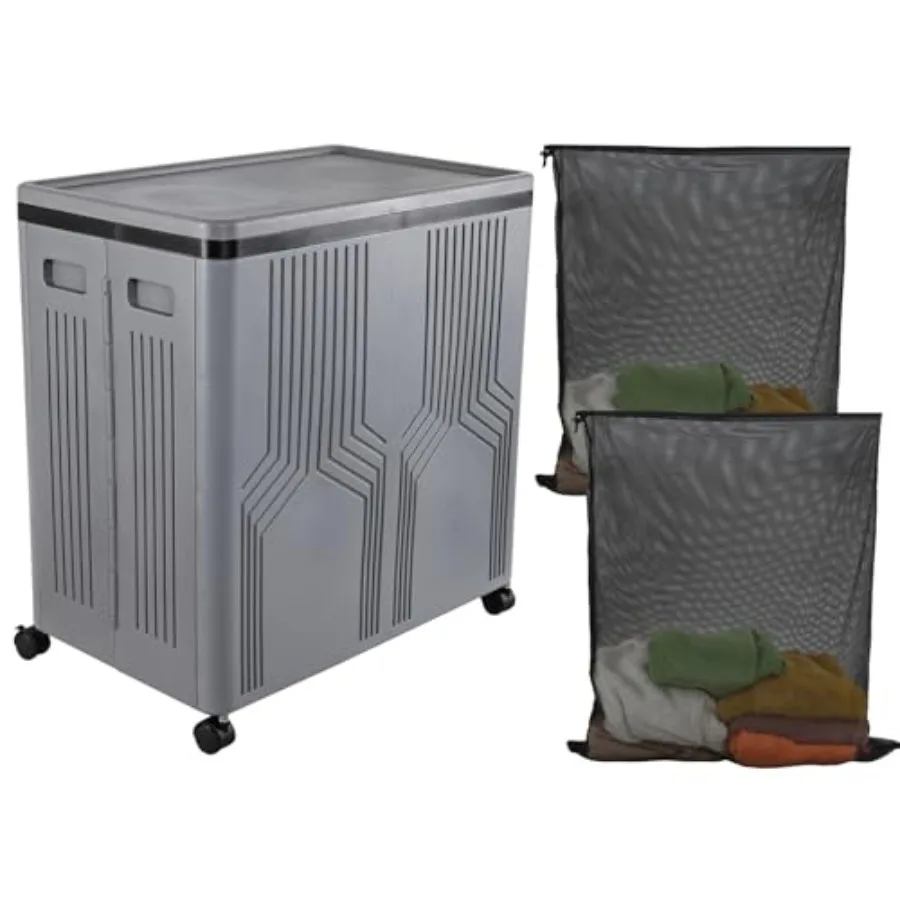 

120 L Large Collapsible 2 Section Dirty Clothes Basket with Wheels Plastic Double Laundry Hamper with Lid for Bedroom Laundry R