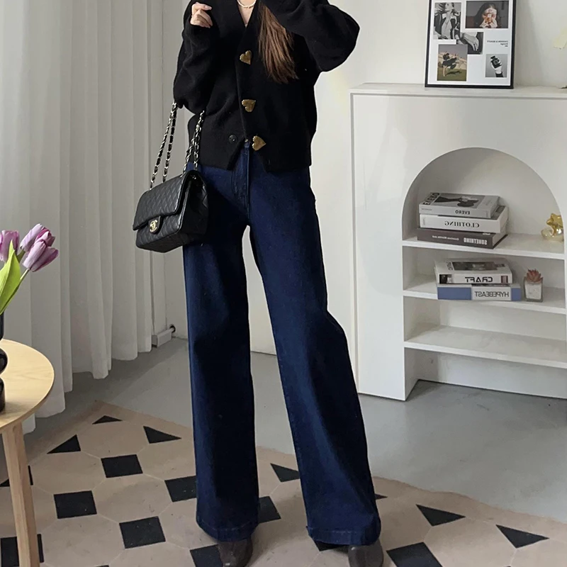 

Прямые обтягивающие широкие джинсы с высокой талией, джинсовые осенние повседневные женские брюки премиум-класса оригинального цвета