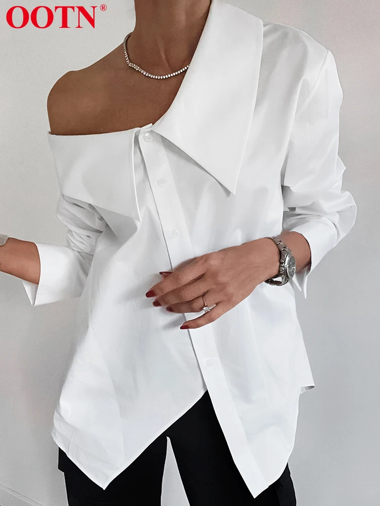 

OOTN Irregular Women Blouse White Turn Down Collar Long Sleeve Shirt Office Lady Elegant Loose 2024 Summer Fashion Female Tops