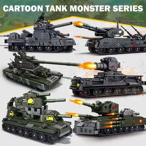 WW2 Military Cartoon Tank Monster Germany Karl Gerat Railway Gun P1000 Soviet KV 44 Model Building Blocks Bricks Toys Kids Gifts