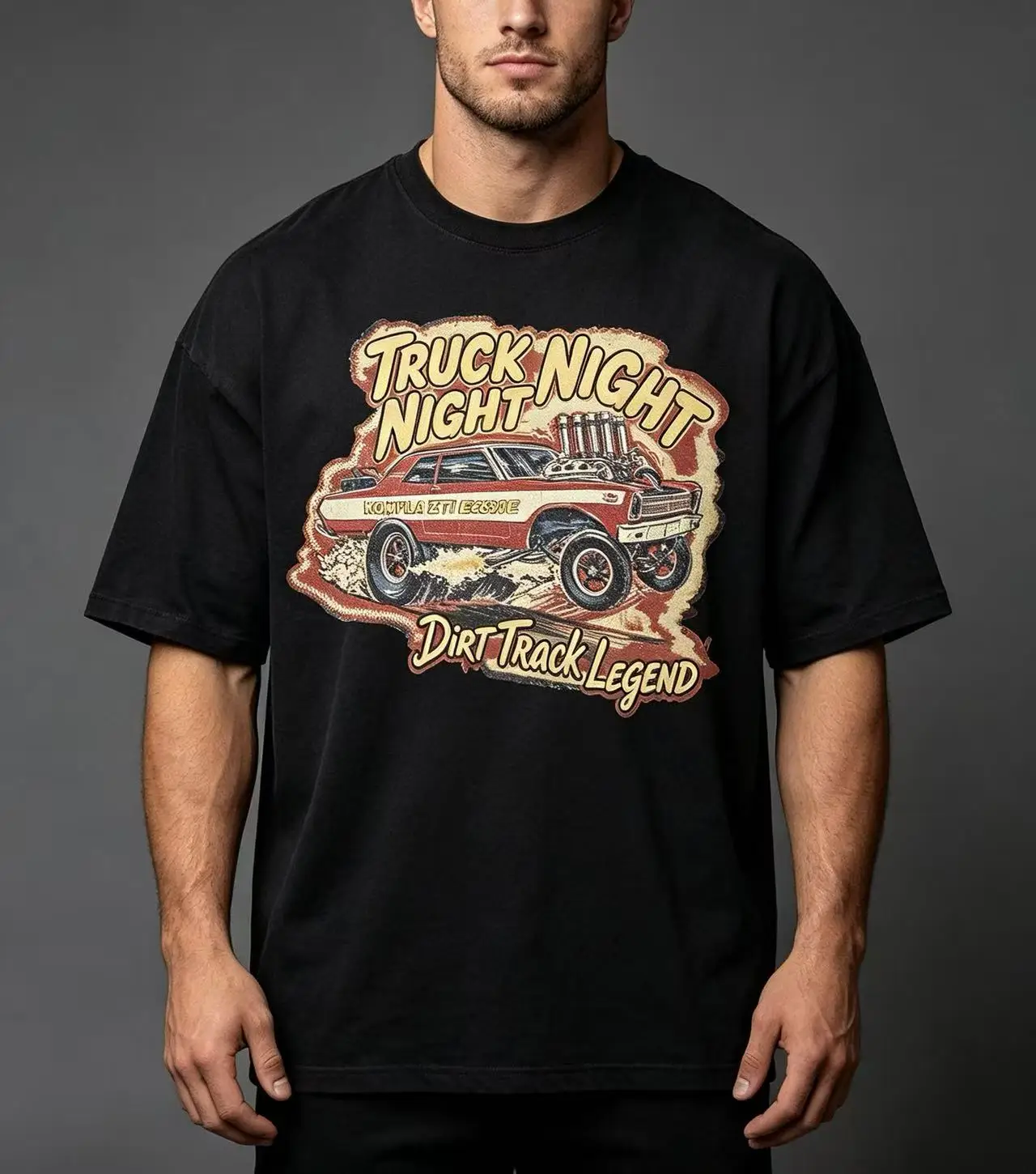 Unisex Truck Night Dirt Track Legend Vintage Modified Racing Car Retro Graphic T Shirt Men Women Classic Hot Rod Print Oversized Crew Neck Tee