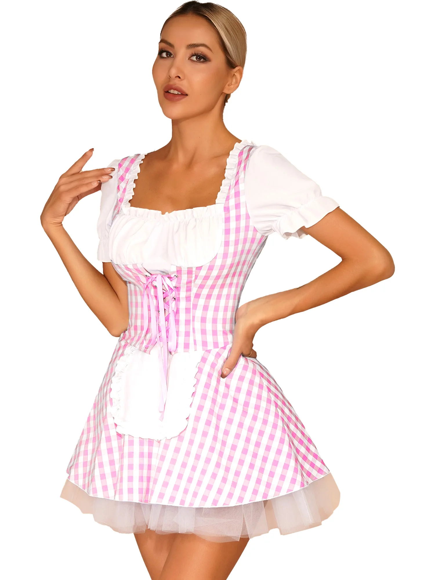 #S-3XL Womens Halloween Miss Muffet Cosplay Dress Lace-Up Ruffle French Apron Plaid Maid Servant Dress for Masquerade Party