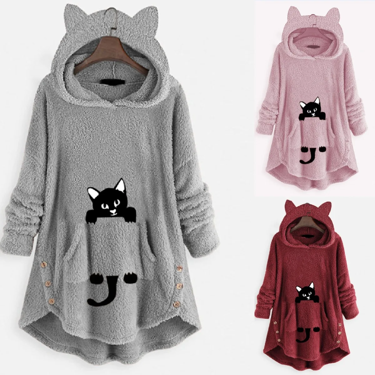 Winter Fleece Oversize Hoodies Women Cartoon Cat Button Hooded Shirt Fluffy Warm Long Sleeve Pullover Homewear Sweatshirt Casual