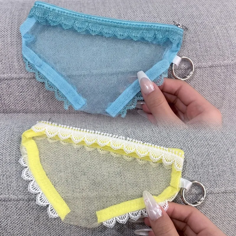 Triangle Panty Cosmetic Bag Sheer Lace Mesh Makeup Pouch Coloful Color Travel Jewely Necklace Toiletry Organizer Purse Keychain
