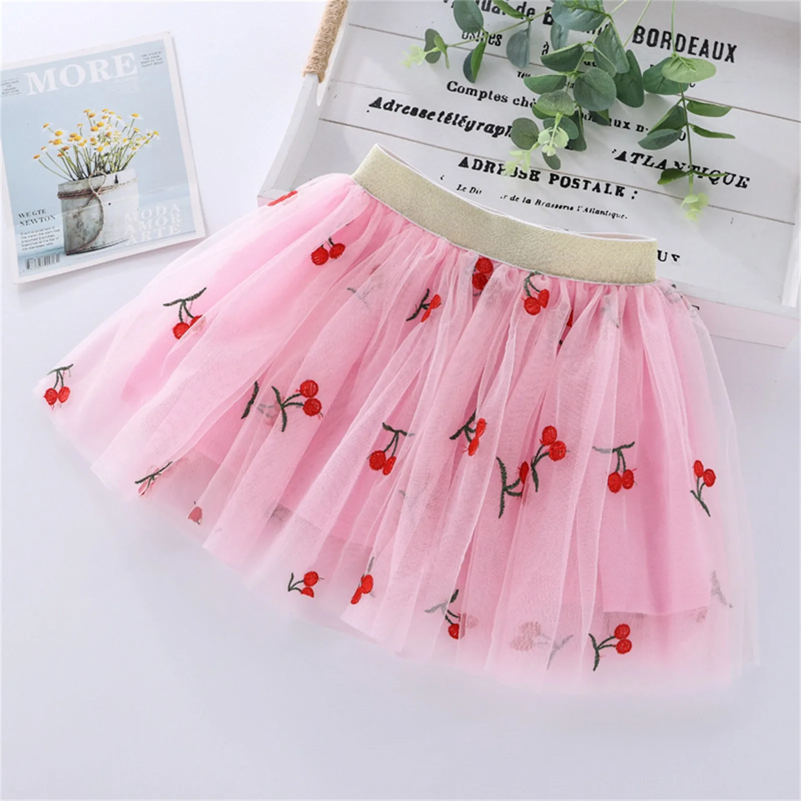 Cute Embroidered Girls Mesh Princess Tutu Skirt Summer Chlid Fashion Pleated Skirts Ball Gown Birthday Party Dance Clothes 1-10T