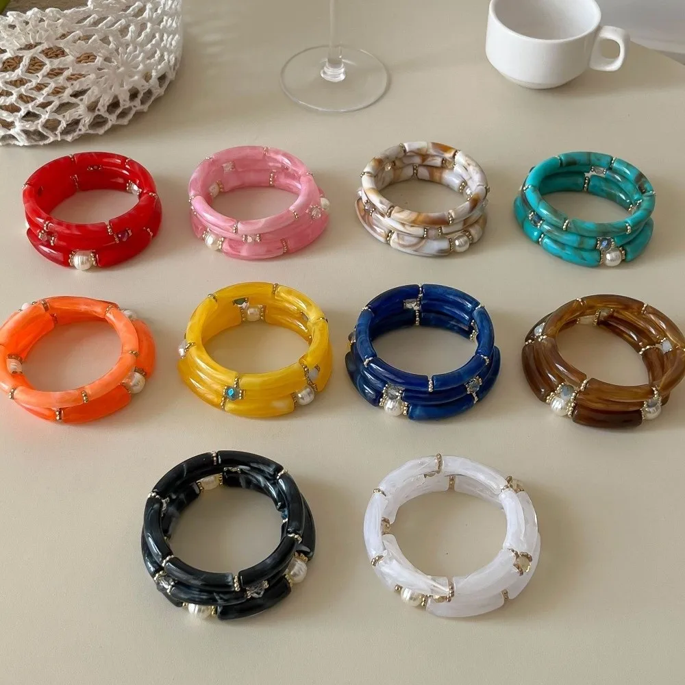 3Pcs/Set Vintage Punk Beads Resin Bracelet Geometric Multicolour Bamboo Pipe Bangles Marbling Stackable Cuff Bracelet Set Gifts