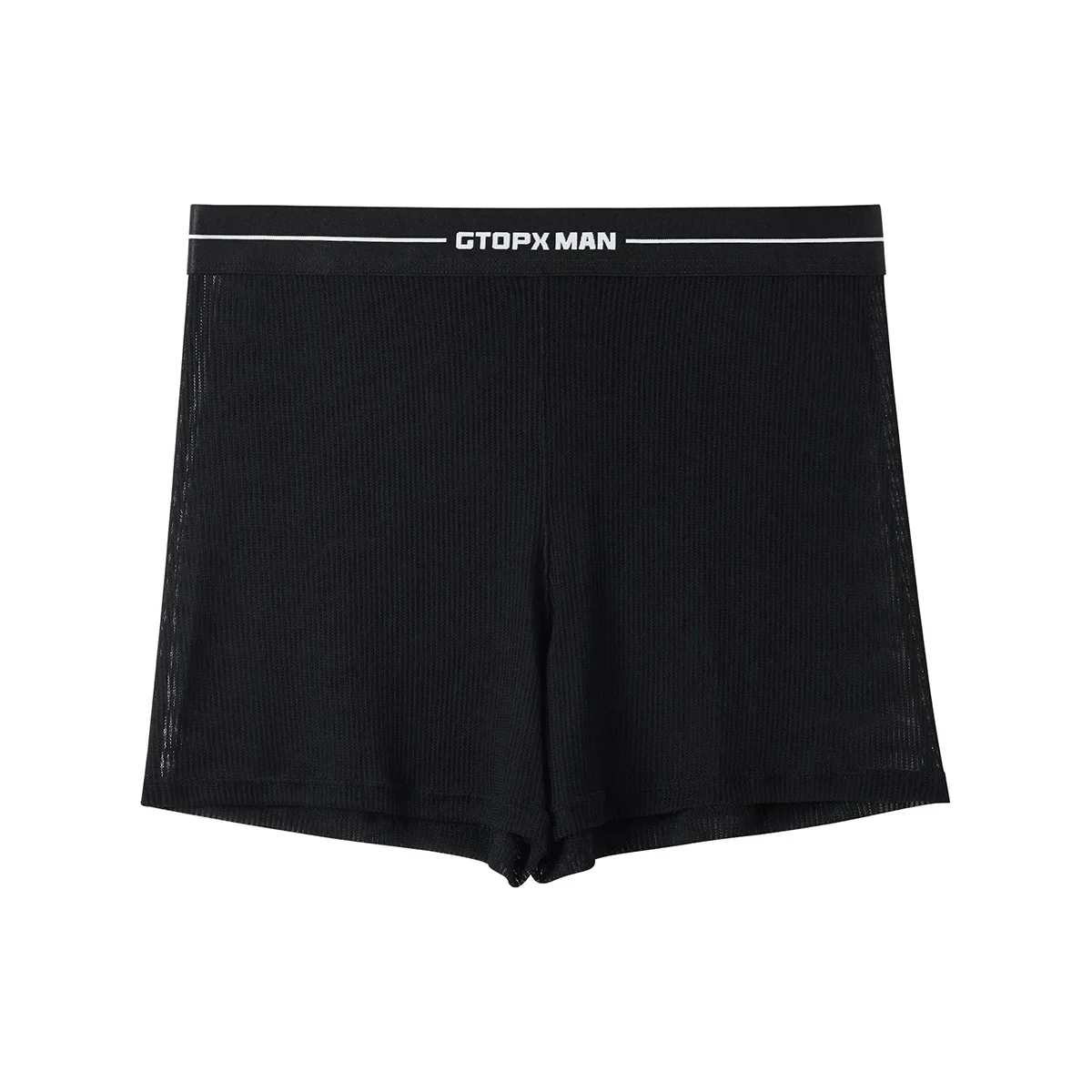 Men See Through Mesh Lounge Shorts Vertical Rib Fishnet Boxer Sleep Short Black Brand Logo Waistband Transparent Sexy Home Wear