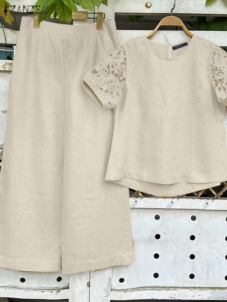 

ZANZEA Summer Wide Leg Pants 2 Pieces Sets Commuting Lace Short Sleeve O-Neck Blouses Casual Woman Pant Sets Two-Piece Outfits