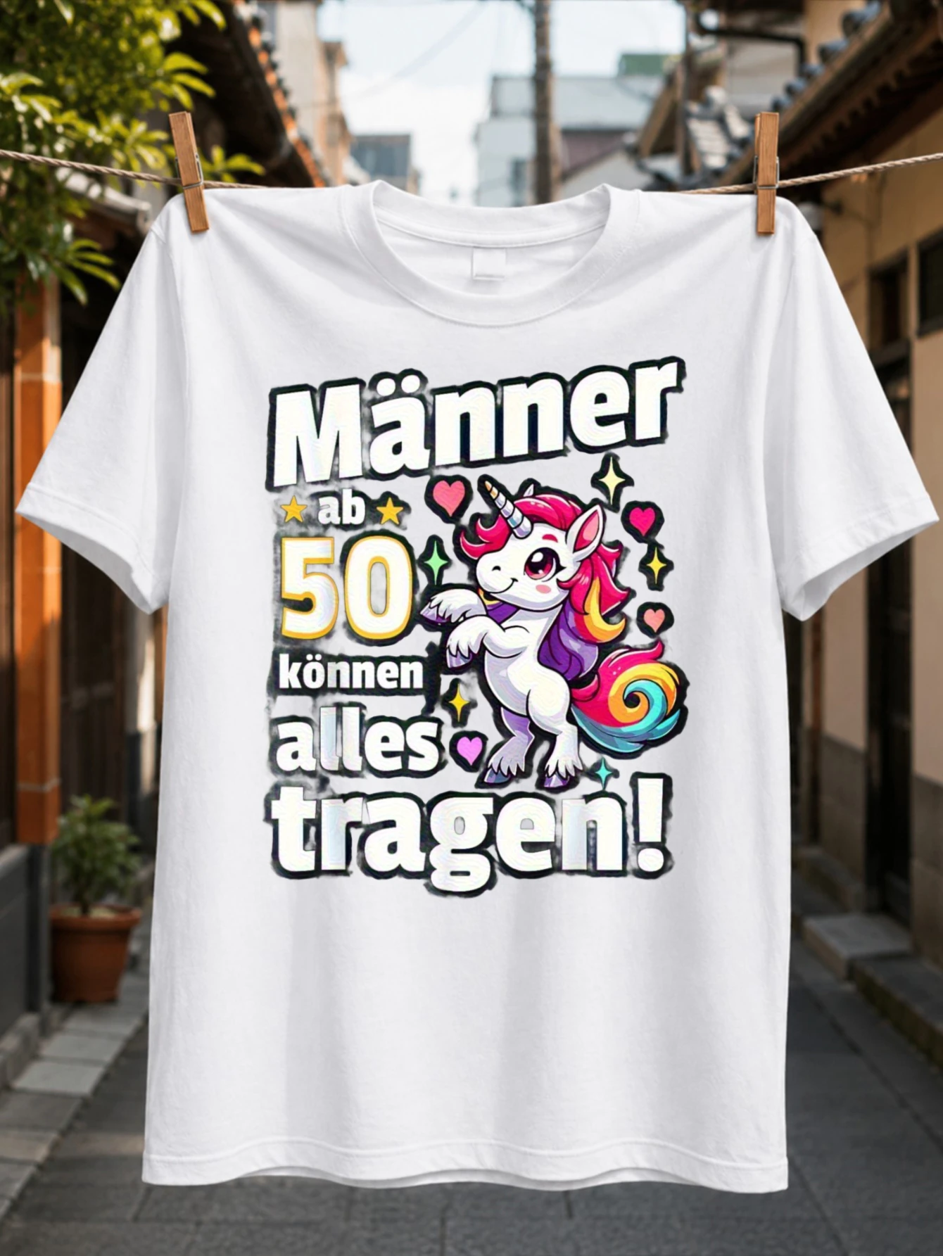 German men Over 50 Unicorn Quote colorful winged unicorn surrounded by hearts stars and large  Unisex All T-Shirt