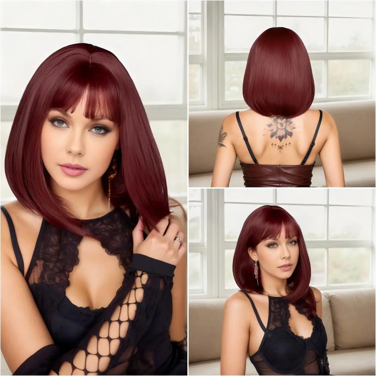14 inch Women Short Bob Wig Wine Red Color Blunt Cut Bangs Cosplay Party Fashion Hairpieces