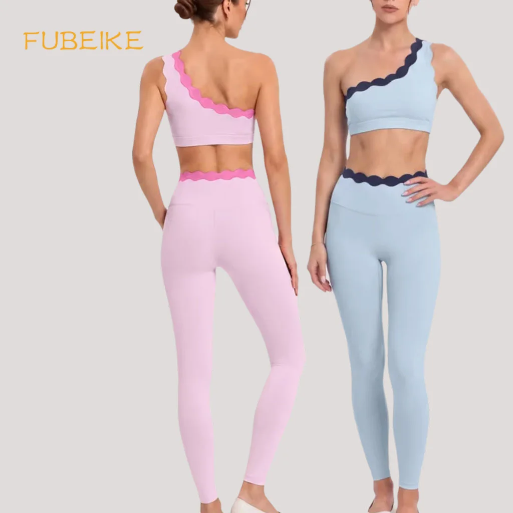 Women 2 Piece Yoga Outfit Set Asymmetrical One Shoulder Scallop Contrast Trim Sports Bra High Waist Leggings Pilates Workout Set