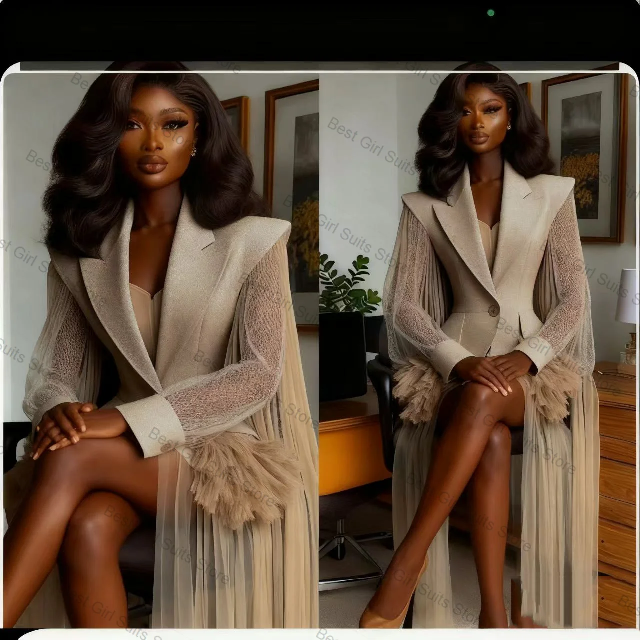 Khaki Wrap Women Suit Set 2 Piece Blazer+Short Prom Dress Formal Business Office Lady Jacket Customized Prom Wedding Coat