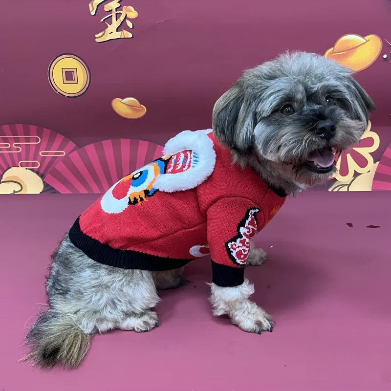 Pets celebrate Chinese New Year, festivals, autumn and winter with red lettering, rabbits, plush ears, dogs, cats, knitted